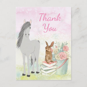 Cartão Postal Cavalo Bonito, Coelho, Flores e Livros Obrigado