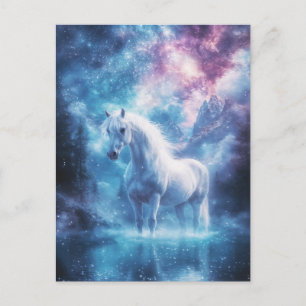 Cartão Postal Cavalo Branco no Lago da Galáxia com Céu Noturno N