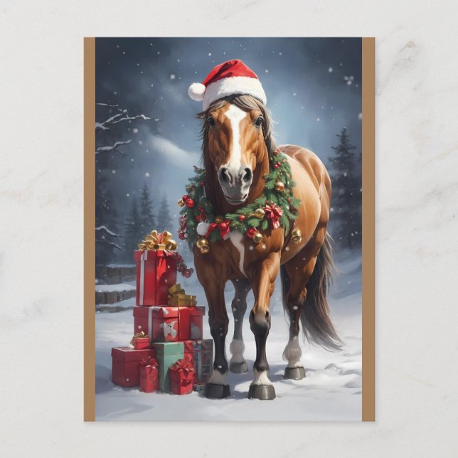 Cartão Postal cavalo com chapéu santa e presentes de natal (Frente)