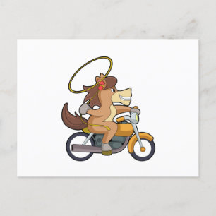 Cartão Postal Cavalo como cowboy com laço e moto