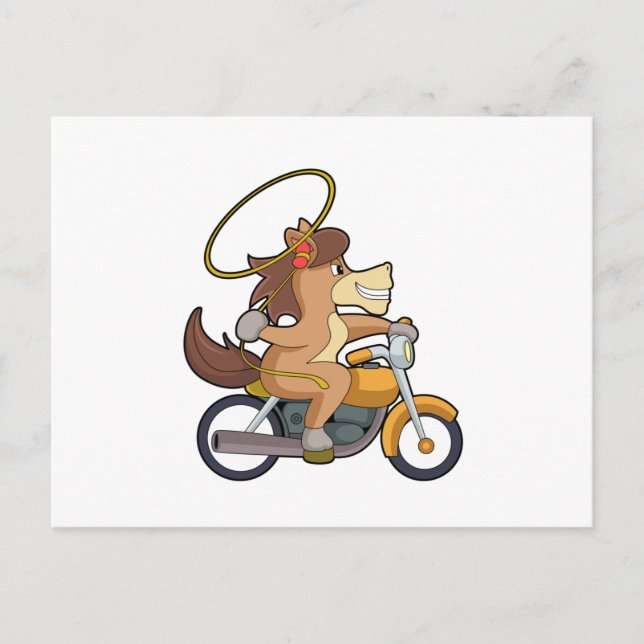 Cartão Postal Cavalo como Cowboy com Laço & Motocicleta (Frente)