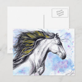 Cartão Postal Cavalo correndo Aquarela e Tinta Equina