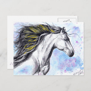 Cartão Postal Cavalo correndo Aquarela e Tinta Equina