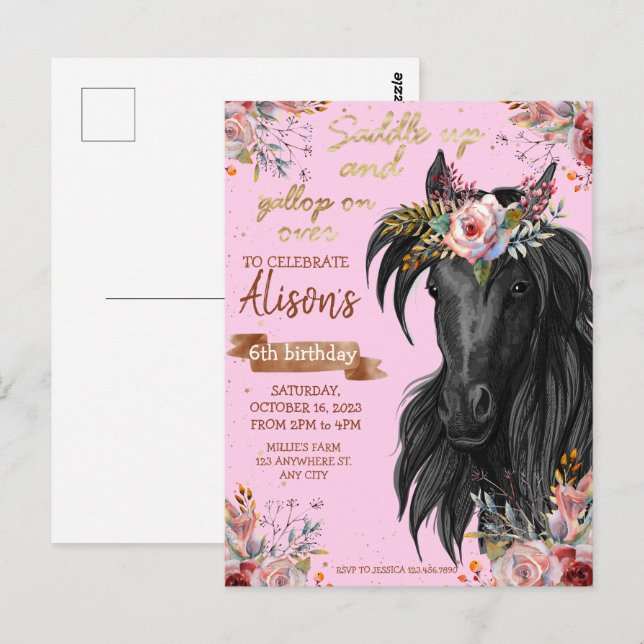 Cartão Postal Cavalo de aguarela em ouro rosa aniversário cowgir (Frente/Verso)