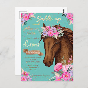 Cartão Postal Cavalo de Aniversário Floral Rosa