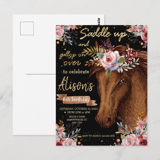 Cartão Postal Cavalo de aquarela festa de aniversário do cavalo (Frente/Verso)