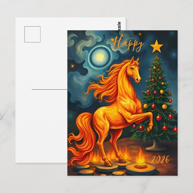 Cartão Postal Cavalo de Fogo Vermelho Chinês Ano Novo 2026 (Frente/Verso)