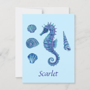 Cartão Postal Cavalo de mar azul personalizável e conchas