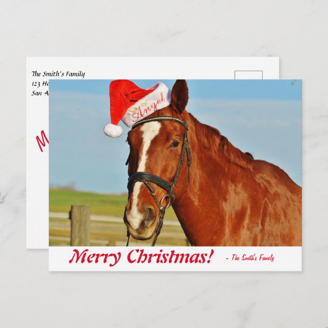 Cartão Postal Cavalo de Natal Feliz Personalizado em um Chapéu S (Frente/Verso)