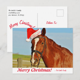 Cartão Postal Cavalo de Natal Feliz Personalizado em um Chapéu S