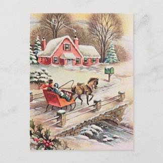 Cartão Postal Cavalo de Natal Vintage e Carruagem Ponte Neve
