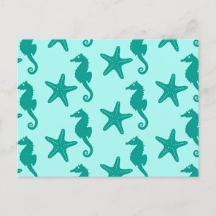 Cartão Postal Cavalo-do-mar e estrelas-do-mar - turquesa e aqua