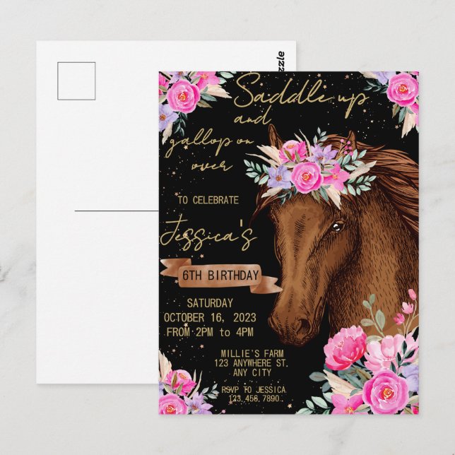 Cartão Postal Cavalo em aquarela festa de aniversário do cavalo (Frente/Verso)