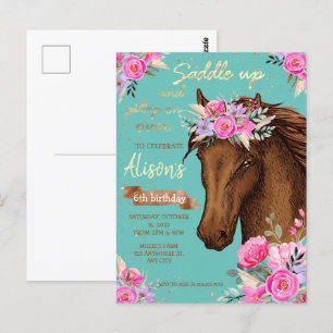 Cartão Postal Cavalo Floral Cor-de-Rosa Aniversário