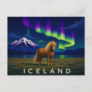 Cartão Postal Cavalo Islandês sob a Aurora   Islândia Icônica