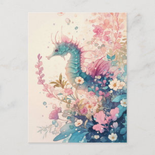 Cartão Postal Cavalo-Marinho Azul Turquesa e Flor de Cerejeira R