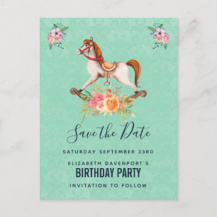 Cartão Postal Cavalo Mecedor Antigo com Florais Salve a Data