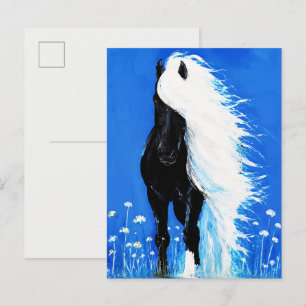 Cartão Postal Cavalo Preto Crina Branca Caminhando sobre a Água