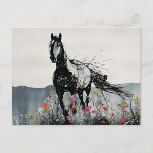 Cartão Postal Cavalo Preto em Flores Silvestres