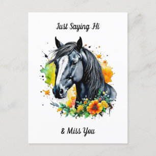 Cartão Postal Cavalo Preto Rodeado por Flores Amarelas Olá