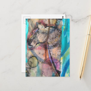 Cartão Postal Cavalo Retro em um Fundo Azul Mídia Mista