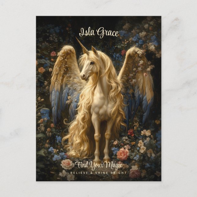 Cartão Postal Cavalo Unicórnio Pegasus Floral Fantasia Creme Vin (Frente)