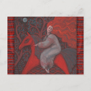 Cartão Postal "Cavalo Vermelho", mulher ruiva, arte surreal fant