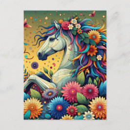 Cartão Postal Cavalo Whimsical bonito em Flores Coloridas