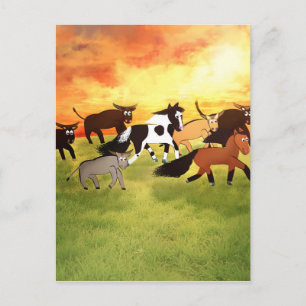 Cartão Postal Cavalos de Cartoon correndo com Bull's