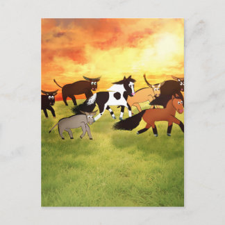 Cartão Postal Cavalos de Cartoon correndo com Bull's