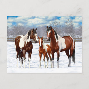 Cartão Postal Cavalos De Pintura De Baía Na Neve De Inverno
