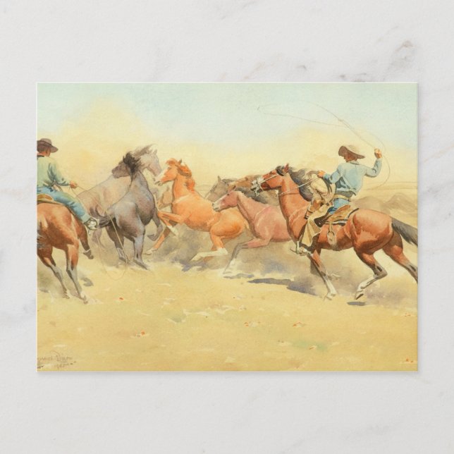 Cartão Postal Cavalos de Roping, 1945 por Maynard Dixon (Frente)