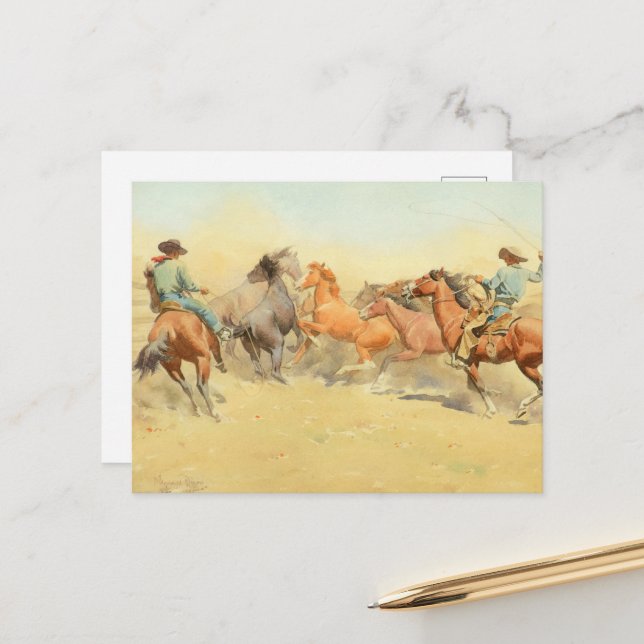 Cartão Postal Cavalos de Roping por Maynard Dixon (Frente/Verso In Situ)