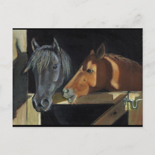 Cartão Postal Cavalos Reunidos À Porta: Arte Em Pastel De Petról (Frente)