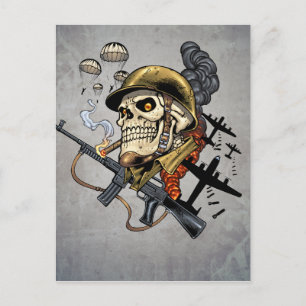 Cartão Postal Caveira com Capacete, Aviões e Bombas