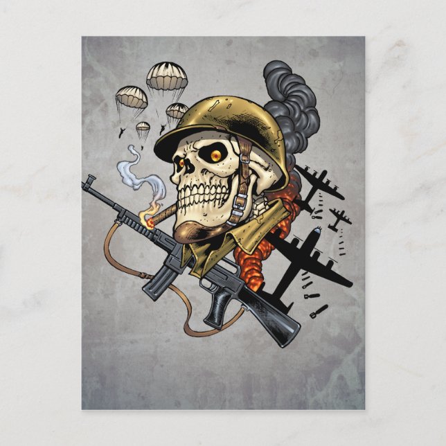 Cartão Postal Caveira com Capacete, Aviões e Bombas (Frente)