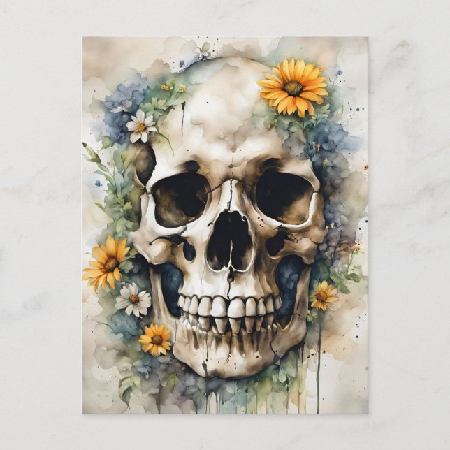 Cartão Postal Caveira de Aquarela com Flores Selvagens (Frente)