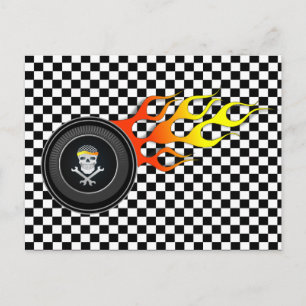 Cartão Postal Caveira de Corrida na Roda Flamejante