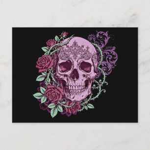 Cartão Postal Caveira de Lavanda com Design Gótico de Rosas