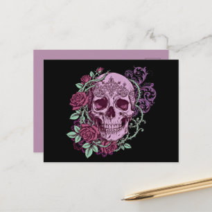 Cartão Postal Caveira de Lavanda com Design Gótico de Rosas