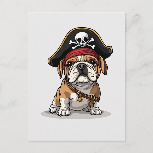 Cartão Postal Caveira de Ossos Cruzados do Bulldog Inglês Pirata (Frente)