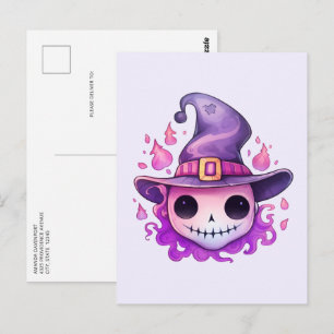 Cartão Postal Caveira em um Chapéu de Bruxa Caprichosa