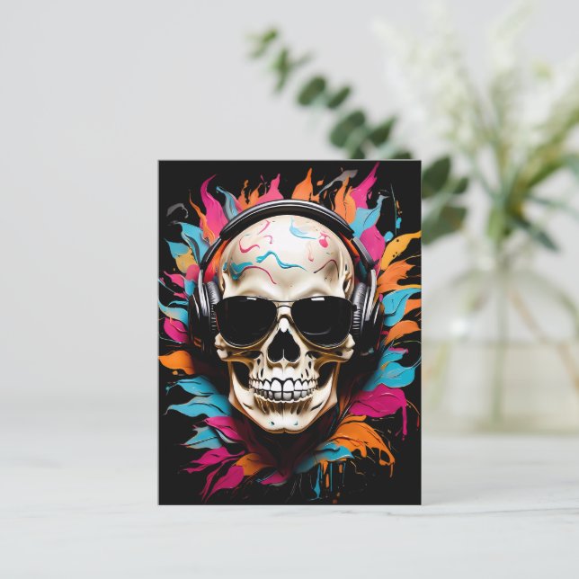 Cartão Postal Caveira musical engraçada fofa  (Em pé/Frente)