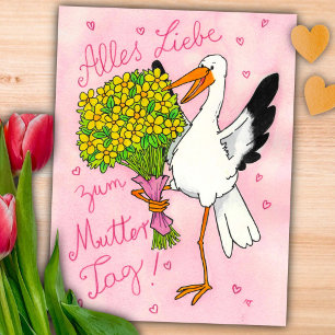 Cartão Postal Cegonha do Dia das Mães Rosa Alemão com Flores