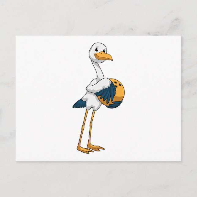 Cartão Postal Cegonha no boliche com bola de boliche (Frente)