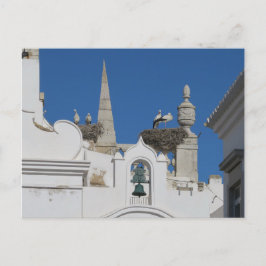 Cartão Postal cegonhas constroem ninhos na igreja da velha cidad