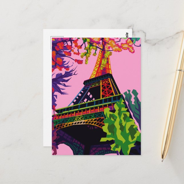 Cartão Postal Celebração Colorida da Torre Eiffel (Frente/Verso In Situ)