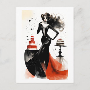 Cartão Postal Celebração da Moda. Mulher bonita com bolo