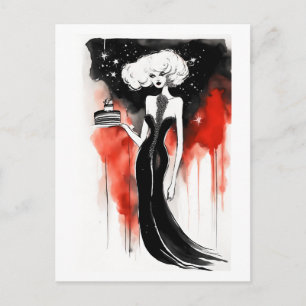 Cartão Postal Celebração da Moda. Mulher bonita com bolo