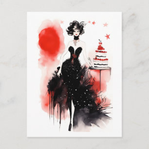 Cartão Postal Celebração da Moda. Mulher bonita com bolo